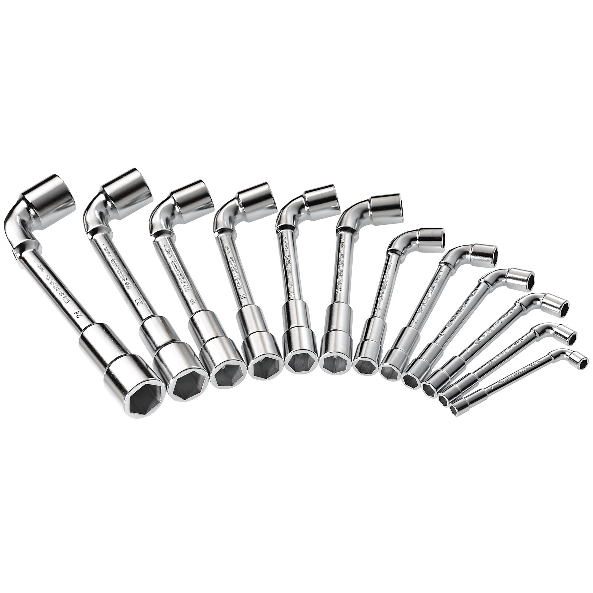 Facom 75J12PB set of 12 chrome-plated double-ended box wrenches, arranged in a fan, white background.